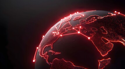 The image portrays a dark globe with glowing red continents and interconnected nodes, symbolizing global connectivity and network infrastructure in a tech-focused setting.