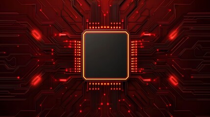 The image presents a detailed view of a CPU on a red printed circuit board, highlighting its complexity and technological design with contrasting dark and shining elements.