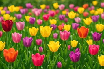 Obraz premium Vibrant spring tulip garden with multicolored fresh blooms creating cheerful floral background for seasonal celebrations