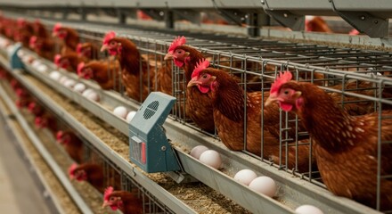 Hens in wire cages with laid eggs on conveyer belt, indoor farm setting