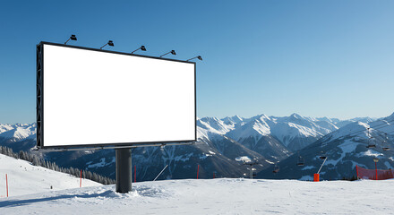 Blank Billboard on Sunny Ski Mountain at Luxury Resort