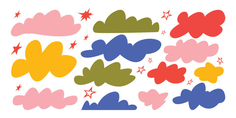 Collection of hand-drawn blue clouds and colorful cute stars for kids. isolated on transparent background.