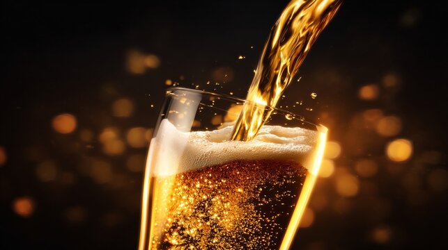 dramatic splash shot of beer being poured into glass with glowing light  - Powered by Adobe