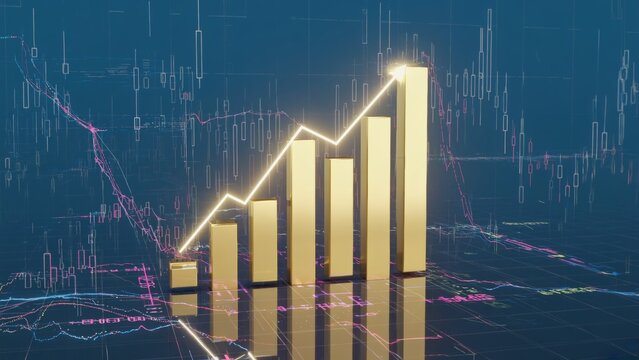 Stylized 3D bar chart with glowing golden columns arranged in an ascending order against dark background, statistical growth, financial performance, analytical business metrics in modern data systems