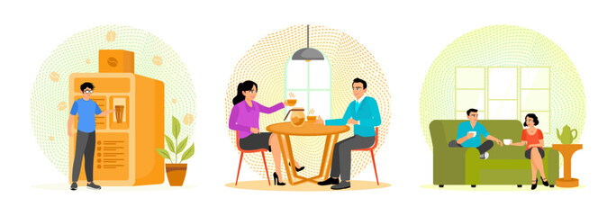 Coffee Vending Machine.  Man and Woman Enjoying Coffee Together. Couple Enjoying Tea.