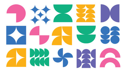 A collection of colorful geometric shapes from abstract circular sections. collection of modern figures isolated on a white background