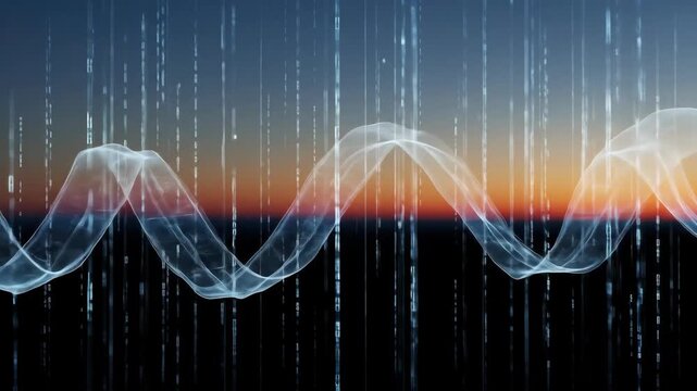 Abstract wave data stream with binary code overlay against gradient background. Technology, data concept.