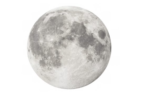 Highly detailed full moon isolated on transparent background, perfect for space projects, scientific visualizations, or any design needing a realistic lunar element