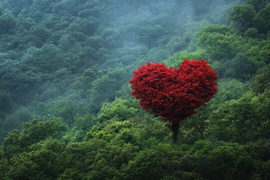 A red heart-shaped tree stands out in a lush, green forest landscape. Perfect for Valentine's Day or any love and nature themed project. - Powered by Adobe