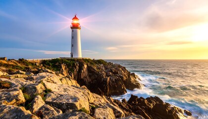 Naklejka premium Beacon of Hope: A Coastal Lighthouse Bathed in the Warm Glow of the Setting Sun