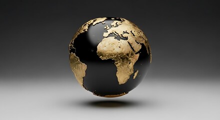 A black and gold globe showing continents, floating above a gray surface, with a blurred background.