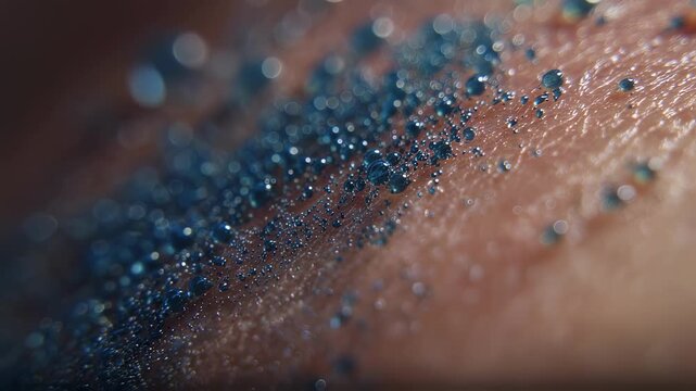 Dynamic microlevel footage of skin surface with erupting blue sweat beads highlighting hyperhidrosis effects on healthy skin.