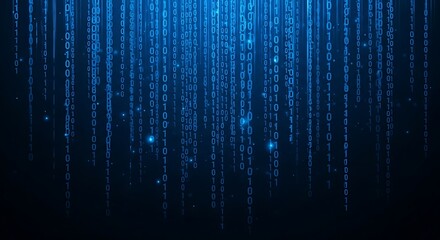 Abstract digital binary code cascading downwards in a dark blue background.