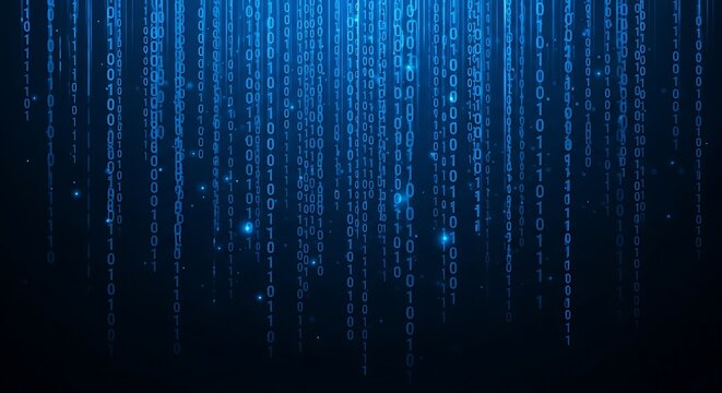 Abstract digital binary code cascading downwards in a dark blue background.