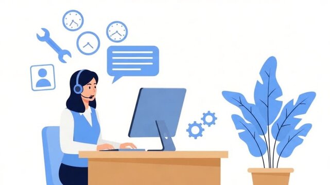 A woman with a headset works at a computer, representing customer service, technical support, or online assistance, with icons indicating time, tools, and communication.