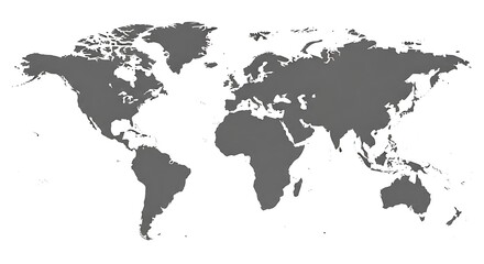 Simple grayscale world map, highlighting continents and countries.