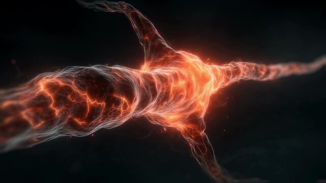 Conceptual footage focusing on a single side trigeminal nerve nucleus bursting with bright orange flames symbolizing the burning neuropathic pain of cluster headaches.
