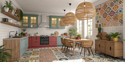 1950s diner-style kitchen with red booth seating and checkered floors.