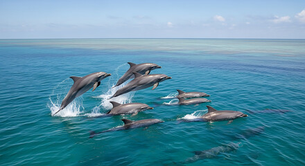 A pod of dolphins leaps and plays in the vibrant ocean.