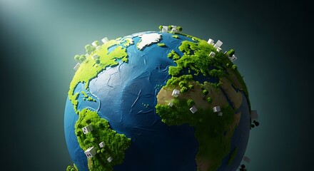 Fototapeta premium Stylized 3D model of Earth, showing continents, vegetation, and small structures.
