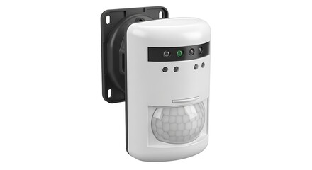 Fototapeta premium A white motion sensor, part of a home security system, featuring a dome lens and indicator lights.