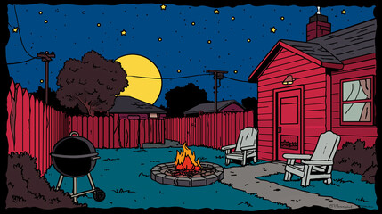 Cartoon backyard night with red house, campfire and grill under starry sky