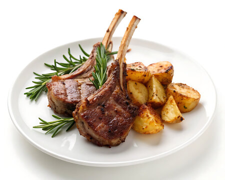 Grilled lamb chops with roasted potatoes and rosemary sprigs on a white plate isolated