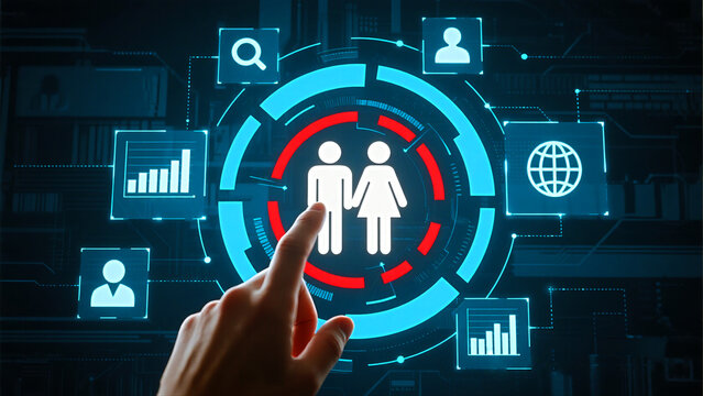 Hand touches futuristic digital interface showing people icons, charts, and globe symbolizing global connectivity