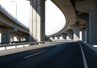 A multilevel highway overpass with curving roads and concrete pillars, viewed from the road below isolated on transparent background