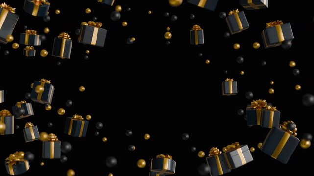 Black Friday gold Gift Loop, Floating Festive Boxes Sparkling in Seamless Celebration Motion for Holiday Sales Backgrounds
