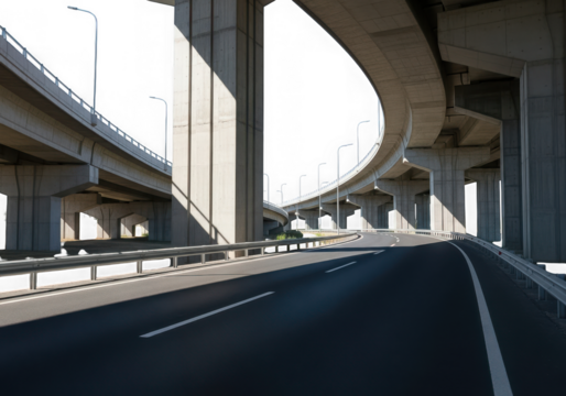 A multilevel highway overpass with curving roads and concrete pillars, viewed from the road below isolated on transparent background