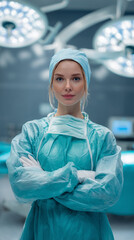 Confident female surgeon in scrubs standing in operating room with arms crossed