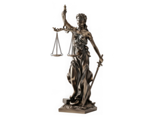 The statue of lady justice holding scales and a sword isolated on transparent background