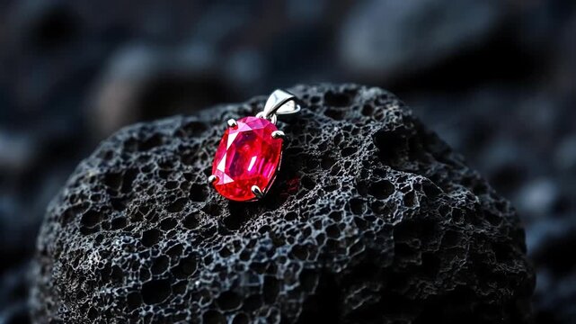 Close-up of a red ruby pendant, a beautiful jewelry on a dark volcanic rock.