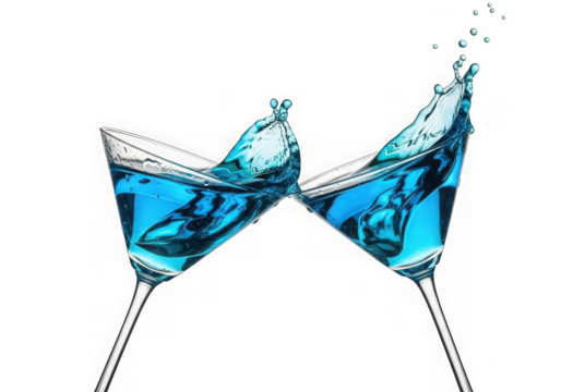 Two martini glasses filled with blue liquid clinking together with a splash, isolated on a transparent background