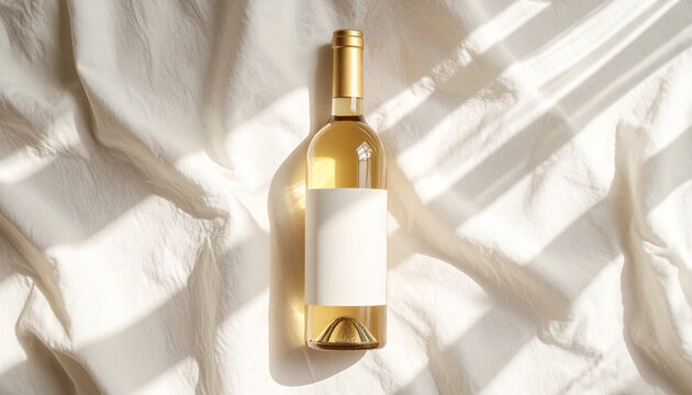 Wine Elegance: A pristine, aesthetic, bottle of white wine with a blank label rests on a textured cloth surface with soft, natural shadows, symbolizing luxury and sophistication. - Powered by Adobe