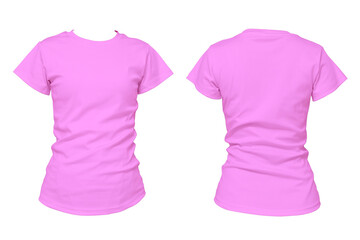Plain pink t-shirt front and back isolated on white background, blank apparel mockup for fashion design