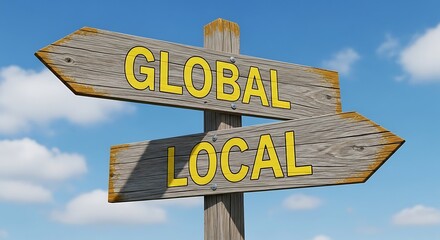 A weathered wooden signpost points towards "Global" and "Local," symbolizing a choice between global and local perspectives.