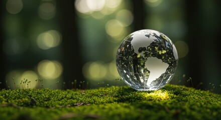 Crystal globe sits on vibrant green moss with a blurred forest background; promoting environmental awareness