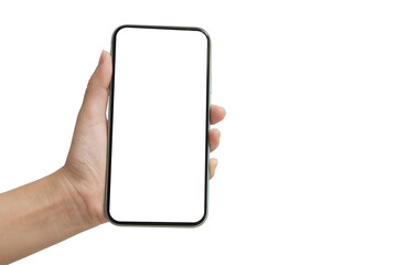 Hand holding smartphone with blank white screen isolated on white background, mobile phone mockup concept