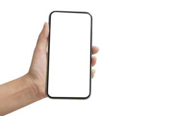 Hand holding smartphone with blank white screen isolated on white background, mobile phone mockup concept
