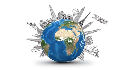World globe surrounded by hand-drawn landmarks, representing global travel and exploration.
