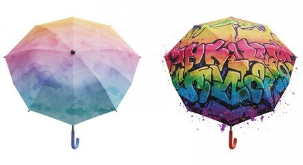 Two colorful gradient and graffiti patterned umbrellas
