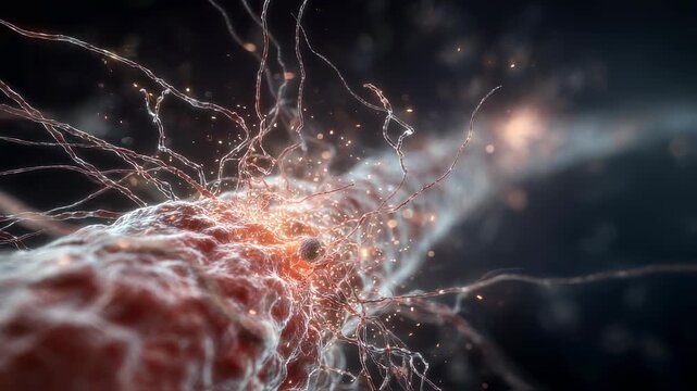 Graphic simulation of neurotransmitter release facing receptor suppression at muscle endplate depicting autoimmune impact on muscle contraction signals.
