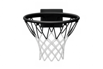 Basketball hoop featuring white net dangling against transparent backdrop, highlighting clean sports graphic element