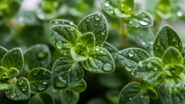 Close up shot of fresh green thyme leaves with water drops, aromatic herb.