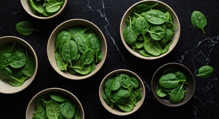Obraz premium Spinach bunches fill bowls atop mottled black surface, viewed from above