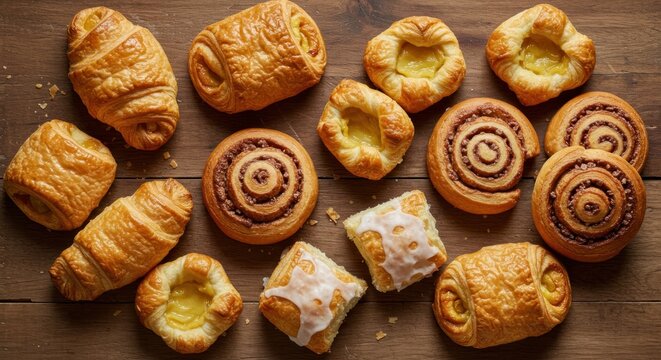 Assorted pastries croissants, danishes, cinnamon swirls on a weathered wooden surface