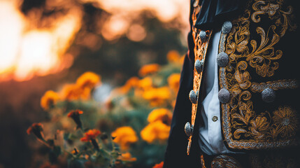 An embroidered charro jacket with silver buttons, bathed in golden sunset light, with marigold flowers softly blurred in the background.