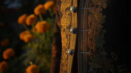 An embroidered charro jacket with silver buttons, bathed in golden sunset light, with marigold flowers softly blurred in the background.
